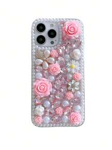 1 pieza Funda de teléfono de PC con patrón de flor de rosa de perla de rhinestone hecho a mano de alta gama compatible con iPhone 16 y Galaxy S24 Ultra 5G - Rosa - Ver 9