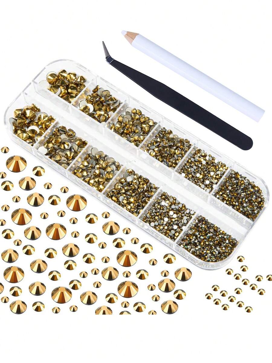2000 chiếc Bằng phẳng Trở lại Kim cương giả pha lê Bộ In 6 Kích thước ( 1.5-6mm ) , Với Nhíp Và Pha lê Bút , Đối với DIY Nghệ thuật thủ công Móng tay Quần áo Giày dép Cái túi , Kim loại Màu sắc - Vàng - Xem 1