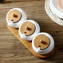 3入組陶瓷調味罐,廚房調味盒,附匙、蓋和底座 - 白色 - 查看 4