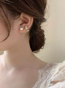 1pair Tulip & Pearl & Rhinestone Stud Earrings - Suitable For Bridal Wear, Wedding & Date - Gold - View 4