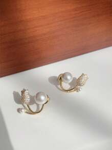 1pair Tulip & Pearl & Rhinestone Stud Earrings - Suitable For Bridal Wear, Wedding & Date - Gold - View 5