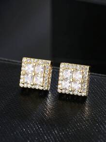 1pair Bridal Copper Earrings, Square Design With Gemstone Inlaid, Simple Style - Gold - View 3