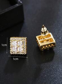 1pair Bridal Copper Earrings, Square Design With Gemstone Inlaid, Simple Style - Gold - View 4