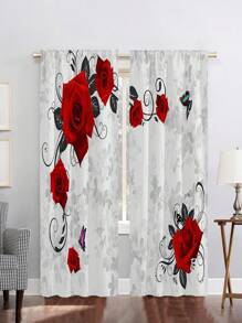 2入組紅色玫瑰蝴蝶印花窗簾,免孔設計,適用於臥室、辦公室、廚房、起居室、書房家居裝飾 - 彩色 - 查看 1