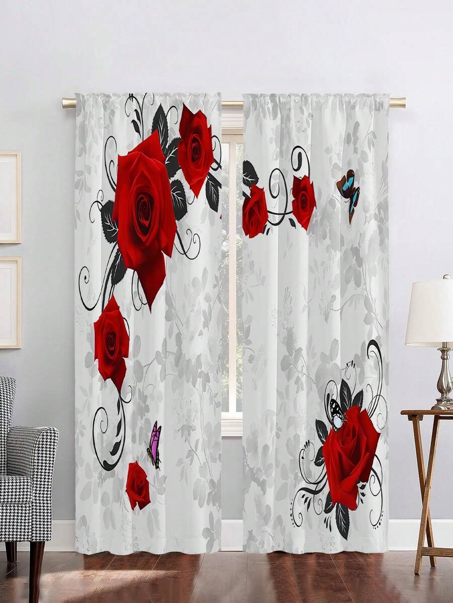 2入組紅色玫瑰蝴蝶印花窗簾,免孔設計,適用於臥室、辦公室、廚房、起居室、書房家居裝飾 - 彩色 - 查看 1