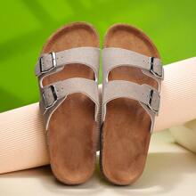 2025 Fashionable Buckle Flat Soft Wood Slide Sandals, Vacation Style Summer Unisex Beach Outdoor Casual Slippers
