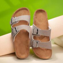 2025 Fashionable Buckle Flat Soft Wood Slide Sandals, Vacation Style Summer Unisex Beach Outdoor Casual Slippers