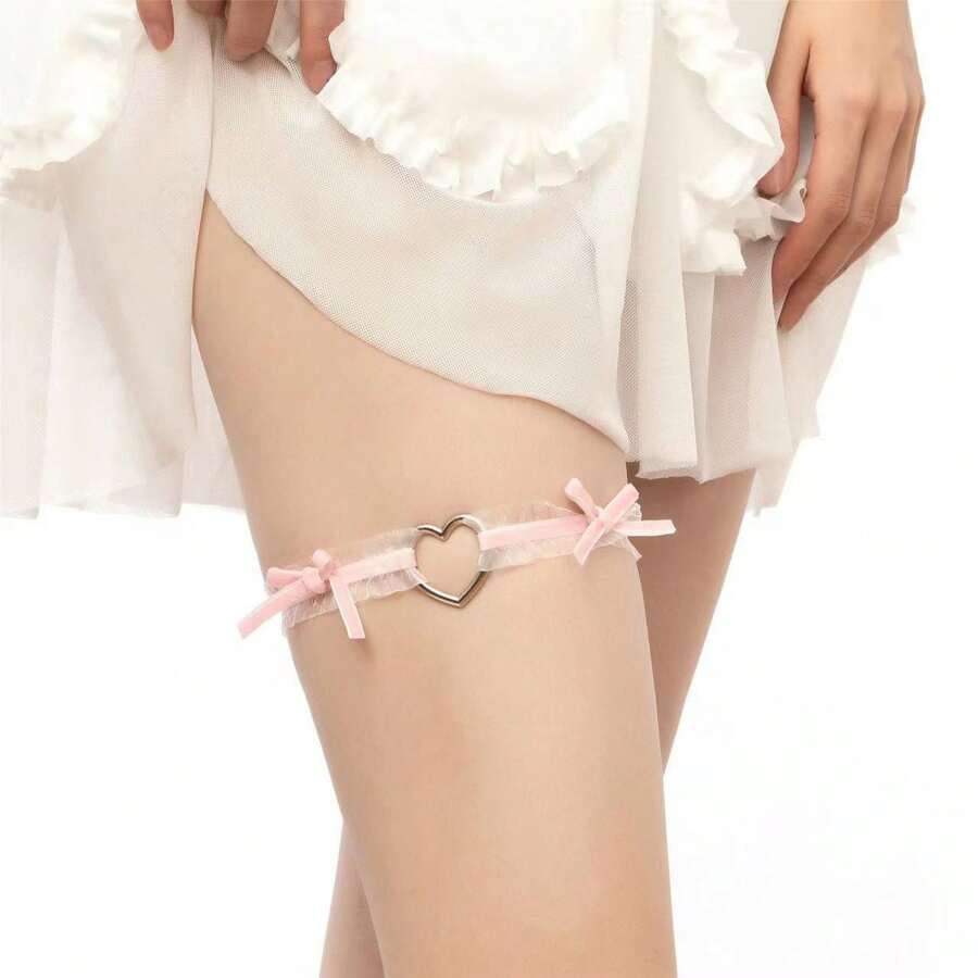 粉色婚礼派对性感洛丽塔风格弹力蕾丝心形蝴蝶结大腿吊袜带女式万圣节 - 粉色 - 查看 1