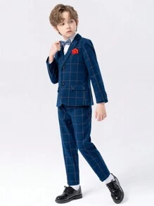 4入組兒童西裝夾克、背心、褲子和領結,男孩正式服裝裝扮,適用於表演、秋季 - 藏蓝色 - 查看 4