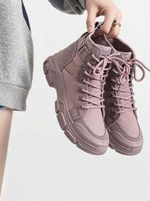 Một Đôi Giày Bốt Nữ 2023 Mùa Xuân Mới Mỏng Thoáng Khí Trung Cao Giày Vải Phong Cách Anh Quốc Chun Gót Boot - Màu tím  Violet - Xem 2