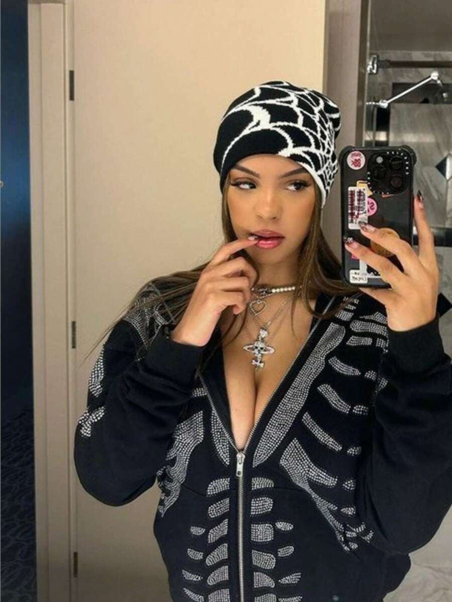 1 件女士针织帽，带蜘蛛网图案，温暖透气，非常适合万圣节派对 - 黑與白 - 查看 1