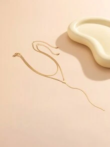 1套2件极简嘻哈金属链项链，女士多层颈链套装，DIY组合金色Y型长项链（拍摄时因光线和角度原因可能会出现轻微色差） - 金色 - 查看 9