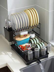 1 件黑色碗碟干燥架，带可拆卸餐具架旋转排水口，2 层大碗碟架，带排水功能，碗碟酒杯架，餐具架 - 黑色 - 查看 4