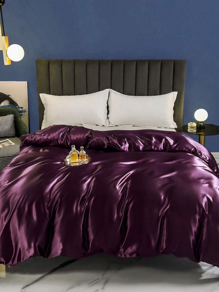 1 Vỏ chăn trơn làm bằng vải satin với kiểu dáng đơn giản và họa tiết giả lụa, thích hợp cho giường đôi Eu King Size trong phòng ngủ - pha lê màu tím - Xem 1