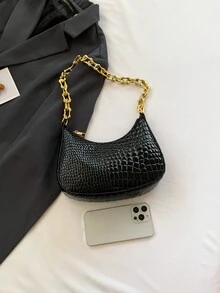 Solid Color Crocodile Pattern Minimalist Women's Shoulder Bag - Black - View 3