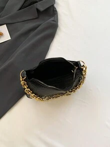 Solid Color Crocodile Pattern Minimalist Women's Shoulder Bag - Black - View 5