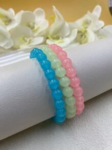 3入組女士夜光多彩珠子手鍊,最好的朋友彈性魅力手鍊 - 彩色 - 查看 5