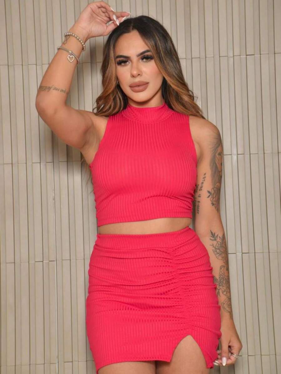 Women Two-piece Outfits - 玫紅色 - 查看 1