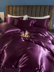 1 Vỏ chăn trơn làm bằng vải satin với kiểu dáng đơn giản và họa tiết giả lụa, thích hợp cho giường đôi Eu King Size trong phòng ngủ - pha lê màu tím - Xem 4
