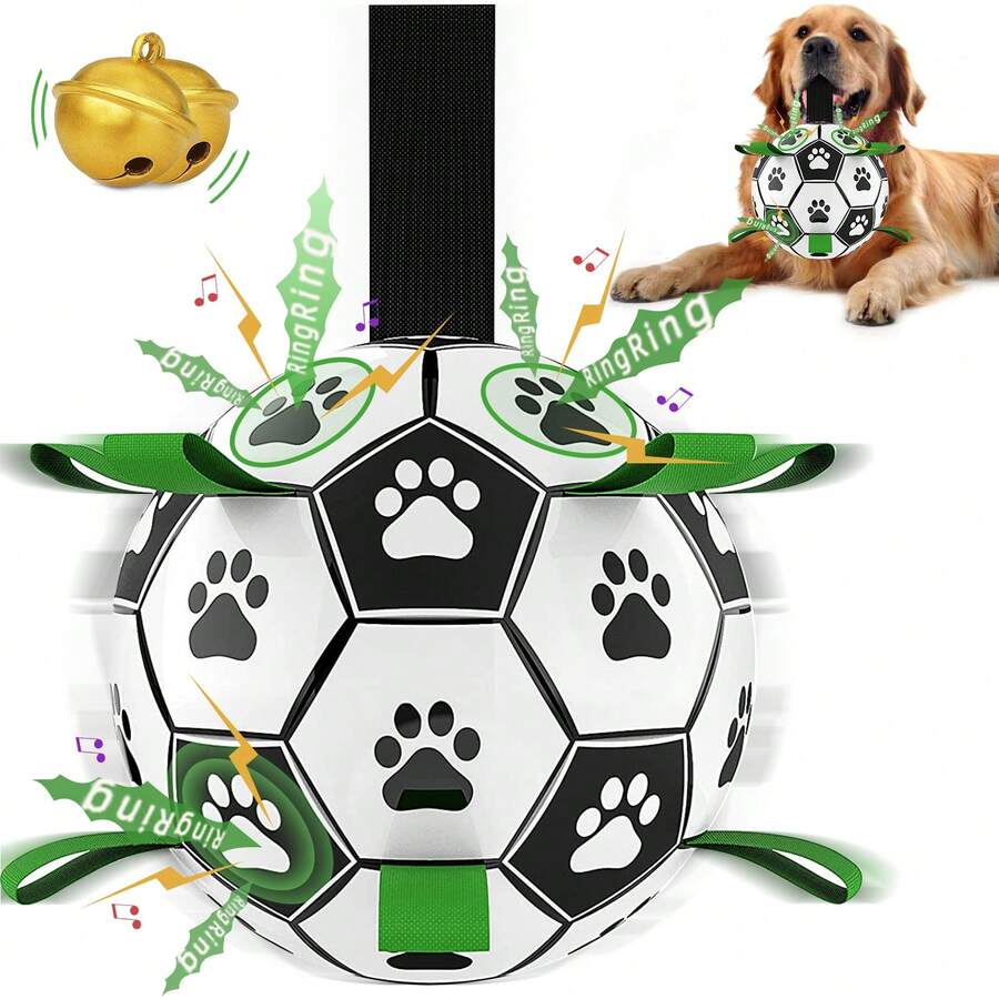 1pc Interactive Rubber Football Dog Toy With Built-in Bell, Ribbon & Air Pump For Indoor & Outdoor Activities, Suitable For Large/medium/small Dogs - White - View 1