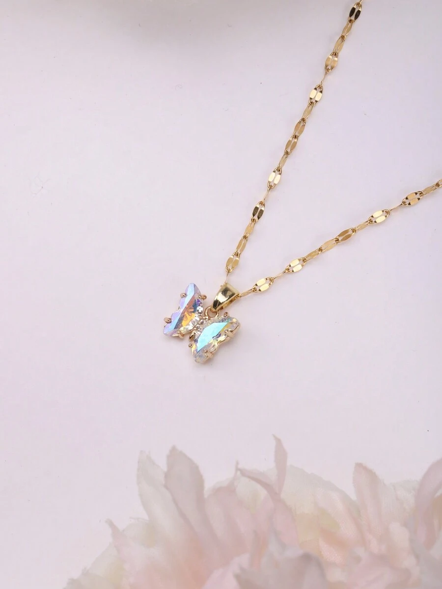 Ab Color Butterfly Pendant Chain Necklace Suitable For Daily Wear - Multicolor - View 1