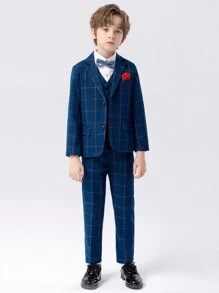 4入組兒童西裝夾克、背心、褲子和領結,男孩正式服裝裝扮,適用於表演、秋季 - 藏蓝色 - 查看 3