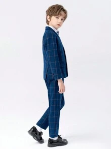4入組兒童西裝夾克、背心、褲子和領結,男孩正式服裝裝扮,適用於表演、秋季 - 藏蓝色 - 查看 5