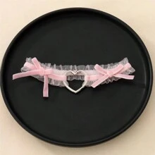 粉色婚礼派对性感洛丽塔风格弹力蕾丝心形蝴蝶结大腿吊袜带女式万圣节 - 粉色 - 查看 2