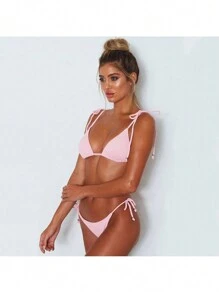 2023新款跨境欧美性感比基尼套装纯色女士比基尼夏季沙滩装 - 粉色 - 查看 2