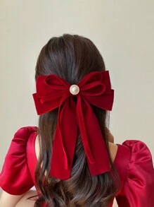 1入女性蝴蝶結髮夾,帶絲帶,紅色,仿珍珠鑲嵌,毛絨質地,復古宮廷風格,彈簧夾,適用於聖誕節,新年,婚禮和日常優雅使用 - 紅色 - 查看 1