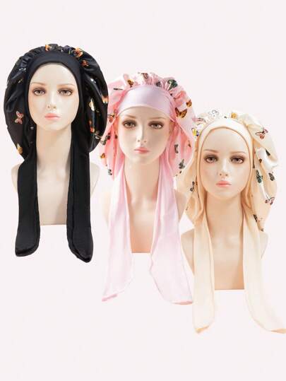 3pcs Silk Sleep Cap Set, Satin Butterfly Print Hair Cap, Adjustable Tie-Up Sleep Cap For Women, Suitable For Natural Curly Hair