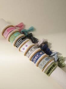 3入組淺藍色手工編織彈性珠串手鍊,帶著「相信」刺繡 - 彩色 - 查看 1