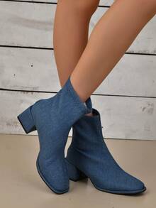 時尚女式彈性牛仔布靴,冬季新款短靴顯瘦,方頭厚跟彈性靴加大尺碼40.41.42高跟靴 - 藍色 - 查看 6