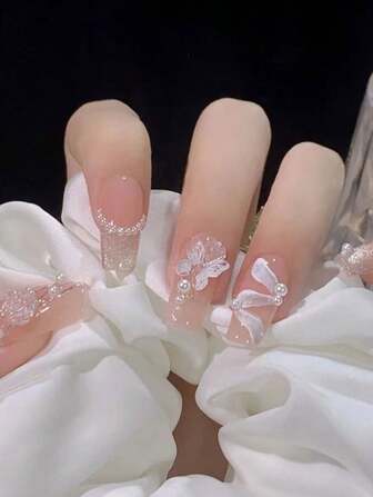 24pcs Medium To Long Ballet Style Nails, Fashionable, Elegant, Simple, 3d Butterfly & White Flower Design, French Style With Gems & Glitter Coverage, Perfect For Parties, Dance, And Daily Wear Press On Nails Nail Supplies