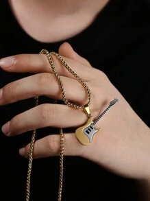 1pc Guitar & Bass Music Element Shiny Personalized European & American Punk Holiday Casual Street Fashion Party Dating Men's Copper Pendant Necklace - Guitar - View 11