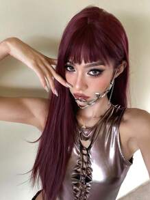 24寸女士紫色長直髮假髮，帶助理，優雅美麗，自然逼真，防熱合成纖維假髮，適用於日常派對使用萬聖節假髮 - 酒紅色 - 查看 2