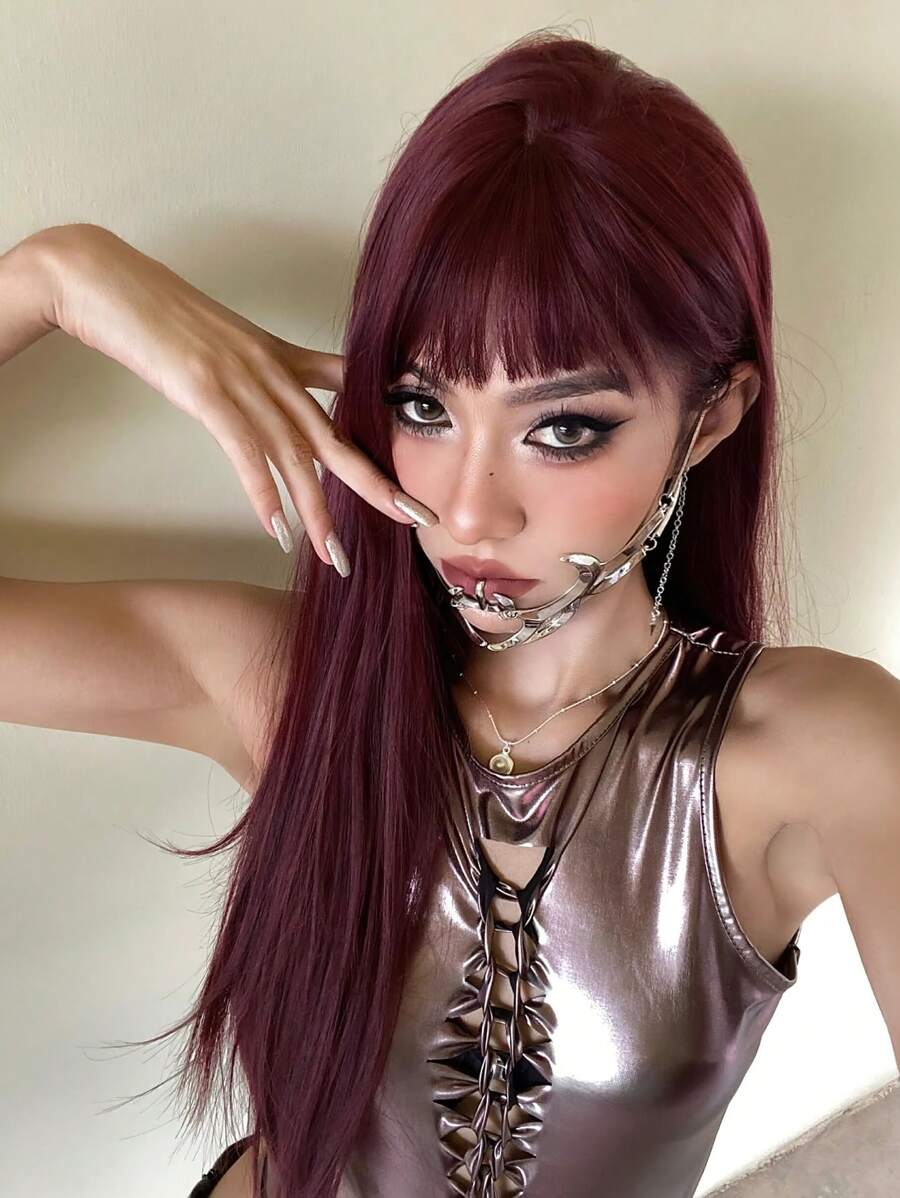 24寸女士紫色長直髮假髮，帶助理，優雅美麗，自然逼真，防熱合成纖維假髮，適用於日常派對使用萬聖節假髮