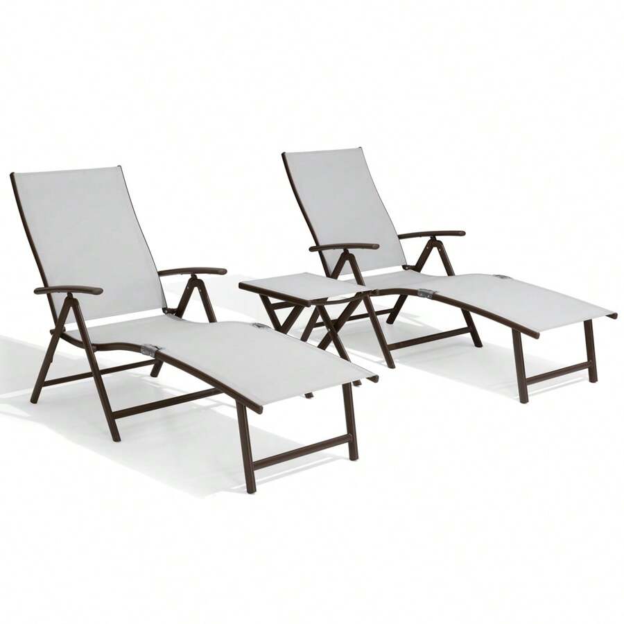 Outdoor Aluminum Folding Chaise Lounge Chair Set of 3 - Light Grey - View 1