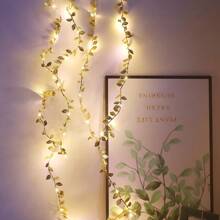 1pc 2M Artificial Gold & Silver Leaf String Lights, Glowing Leaf Garland Decoration Lights For Party, Wedding, Holiday, Christmas - Yellow - View 4