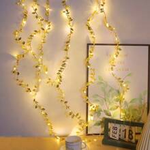 1pc 2M Artificial Gold & Silver Leaf String Lights, Glowing Leaf Garland Decoration Lights For Party, Wedding, Holiday, Christmas - Yellow - View 6