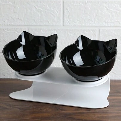 1pc Cartoon Cat Design Pet Bowl Includes two bowls and a base