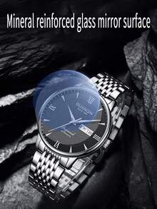 觀琴黑色不銹鋼男士機械機芯礦物玻璃日曆夜光指針防水適合日常佩戴gj16247