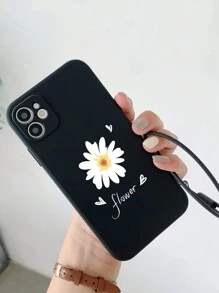 Black Daisy Heart Pattern Soft Shell Phone Case With Wrist Strap & Anti-drop Protective Cover Compatible With Iphones - Black - View 2