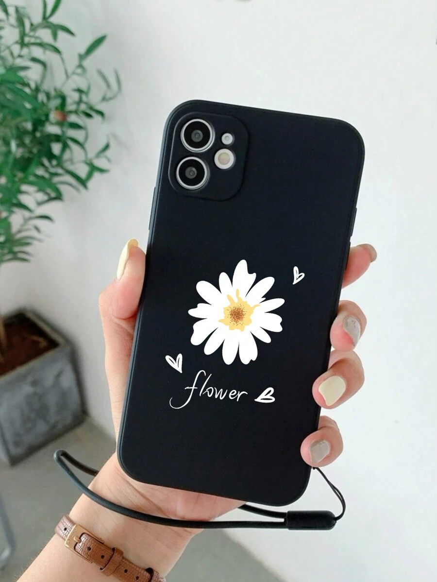 Black Daisy Heart Pattern Soft Shell Phone Case With Wrist Strap & Anti-drop Protective Cover Compatible With Iphones - Black - View 1