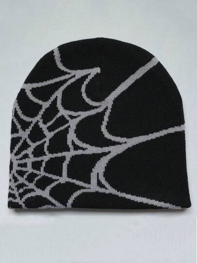 Y2K 哥特式蜘蛛图案亚克力针织帽冬季保暖便帽男士休闲骷髅头户外帽黑灰色秋季服装