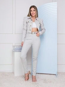 Women Denim Two-piece Outfits - 淺灰色 - 查看 1