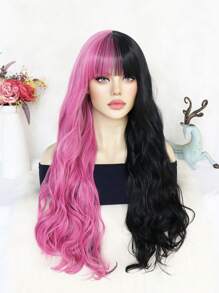 寬鬆波浪 30 英寸超長半黑色半玫瑰粉色角色扮演假髮帶劉海時尚性感女性日常派對使用高密度合成無膠耐熱纖維頭髮學校萬聖節感恩節聖誕節服裝配件和 1 件假髮帽 - 拼色 - 查看 3