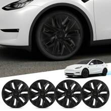4PCS Hubcaps for Tesla Model Y Wheel Cover, 19 Inch Rim Protector Replacement Hub Caps Kit Fully Wrapped for Tesla Model Y Accessories 2019-2022 with 4PCS Center Caps, Matte Black ABS - one-size - View 1