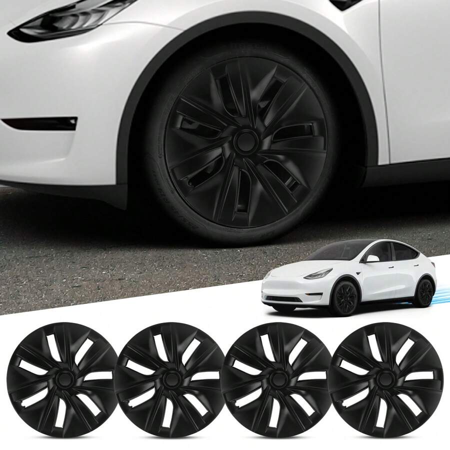 4PCS Hubcaps for Tesla Model Y Wheel Cover, 19 Inch Rim Protector Replacement Hub Caps Kit Fully Wrapped for Tesla Model Y Accessories 2019-2022 with 4PCS Center Caps, Matte Black ABS - one-size - View 1