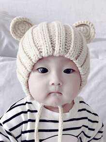 1 Baby Beige Round-eared Cute Knitted Hat With Straps For Warmth And Protection, Suitable For Daily Use In Outdoor Travel - Beige - View 1